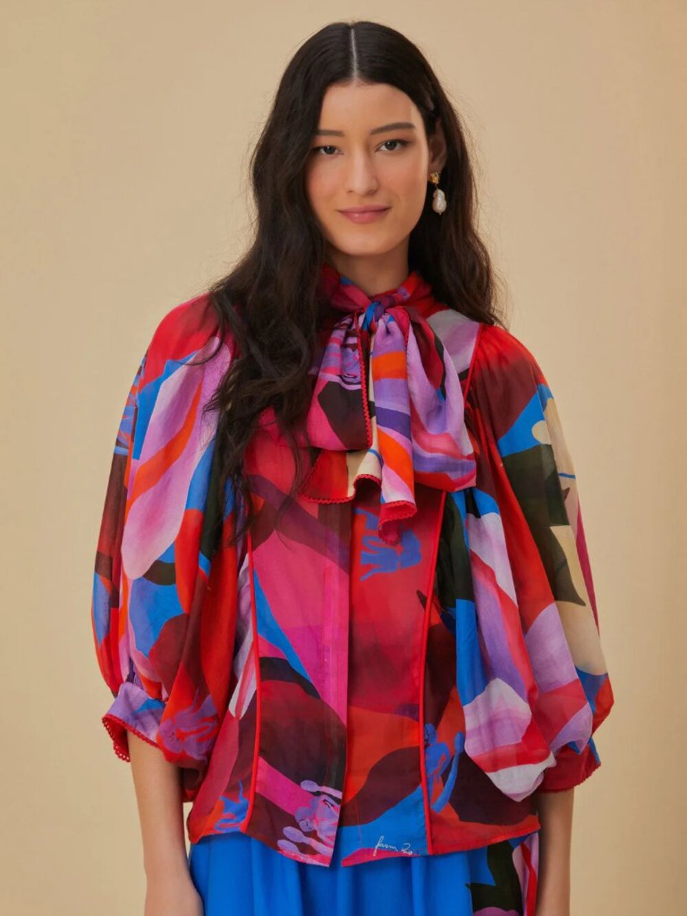 BNWT FARM RIO Watercolor Floral Blue Long Sleeve Blouse SzS RRP210